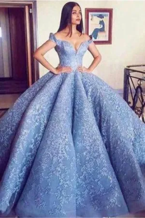 Anneprom Blue Lace Off The Shoulder Ball Gown Quinceanera Dresses,Princess Prom Dress APP0343