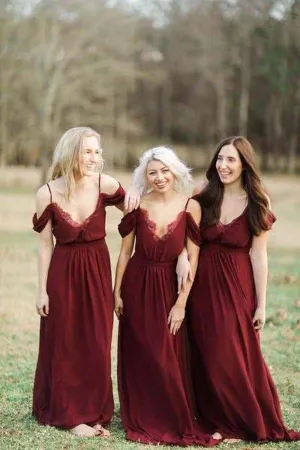 Anneprom Burgundy Long Chiffon Bridesmaid Dress Wedding Party Dress APB0101