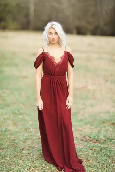 Anneprom Burgundy Long Chiffon Bridesmaid Dress Wedding Party Dress APB0101