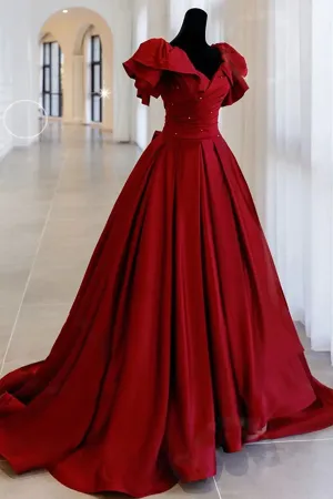 Anneprom Burgundy Off Shoulder Satin Long Prom Evening Dress APP0648