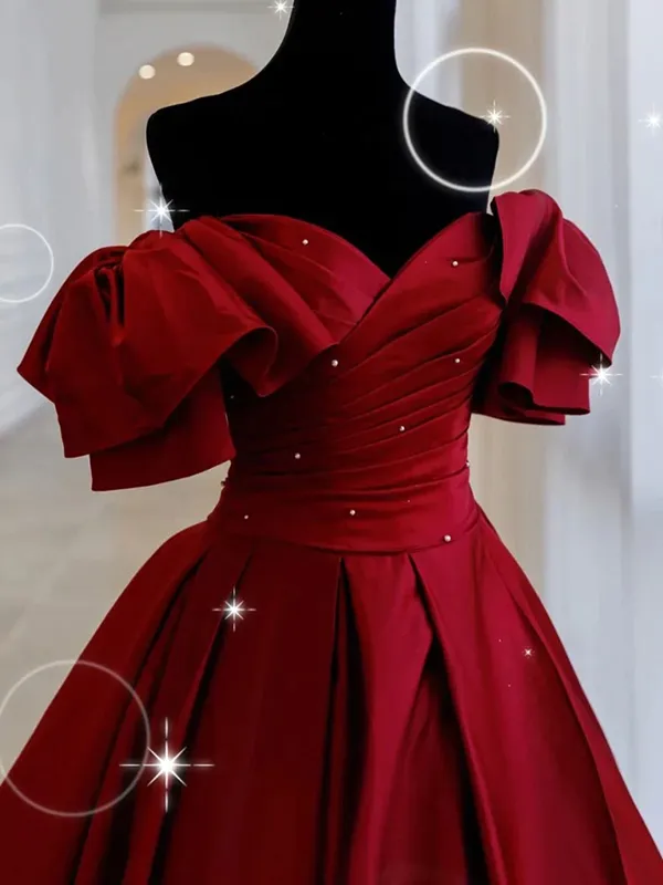 Anneprom Burgundy Off Shoulder Satin Long Prom Evening Dress APP0648