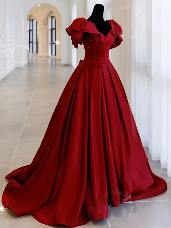 Anneprom Burgundy Off Shoulder Satin Long Prom Evening Dress APP0648