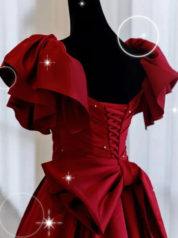 Anneprom Burgundy Off Shoulder Satin Long Prom Evening Dress APP0648