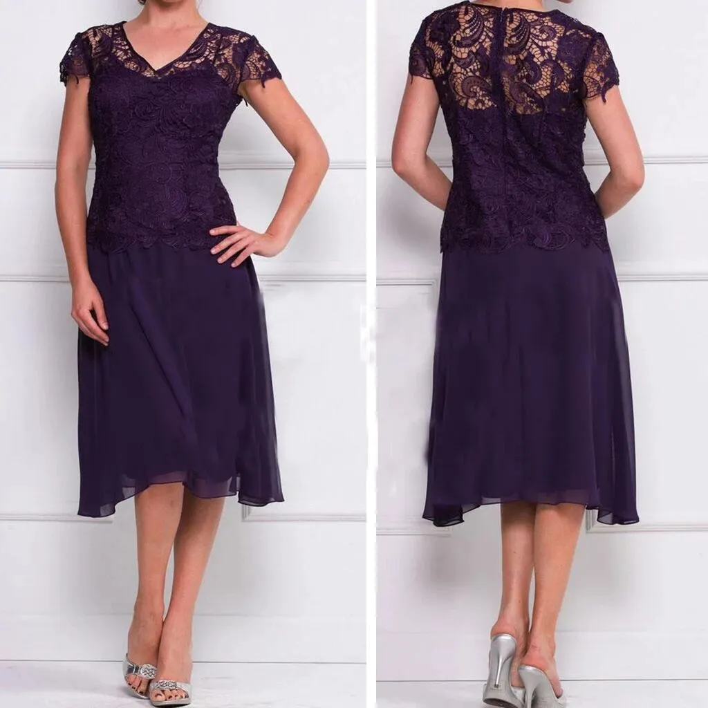 Anneprom Cap Sleeves lace Knee-Length Mother Of The Bride Dress Wedding Formal Evening Dress APP0385