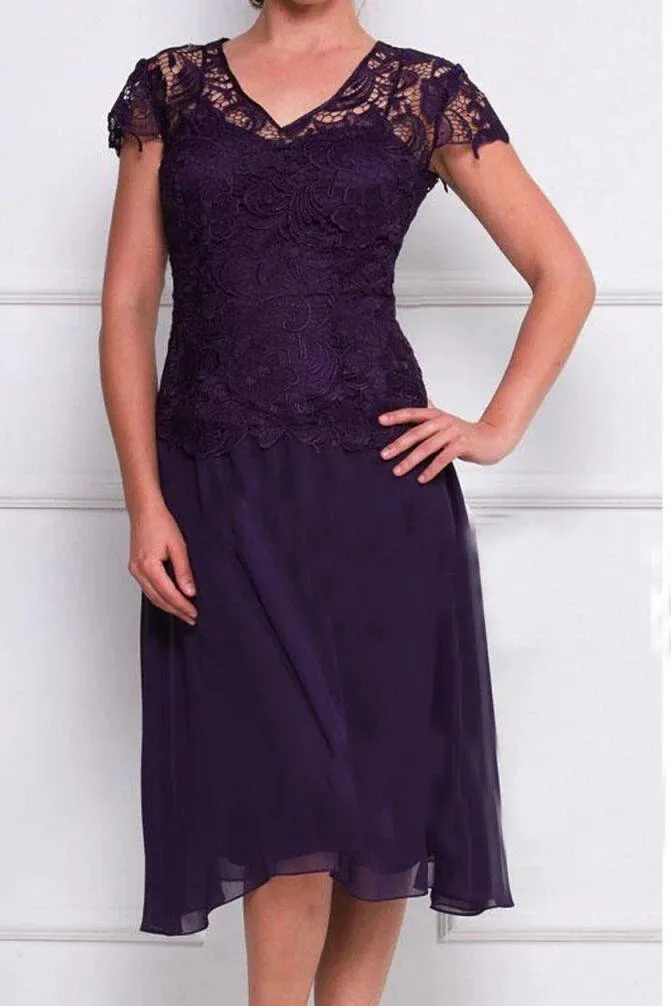 Anneprom Cap Sleeves lace Knee-Length Mother Of The Bride Dress Wedding Formal Evening Dress APP0385