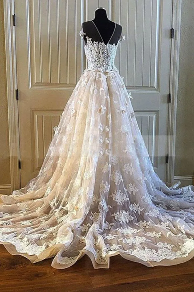 Anneprom Charming Lace Long A Line Prom Dress, Long Wedding Dress With Cap Sleeves APW0247