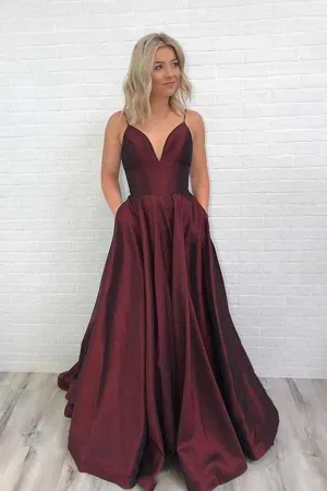 Anneprom Charming Satin Prom Dress Burgundy Prom Dress V Neck Prom Dress APP0277