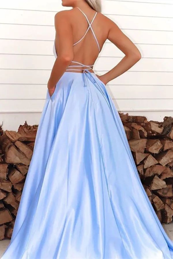 Anneprom Cheap A line Simple Spaghetti Straps Long Prom Dress Satin Evening Split Dress APP0617