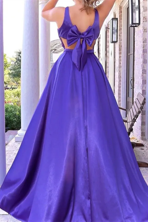 Anneprom Cheap Simple A line Straps Prom Dress Long Satin Evening Dress With Bow knot APP0616