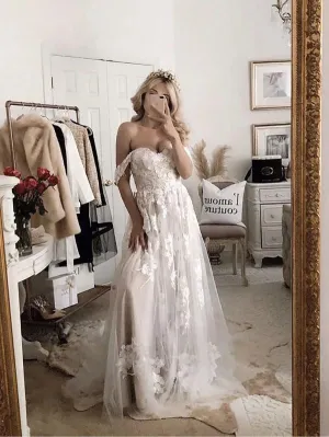 Anneprom Chic A-line Off-the-shoulder Applique Court Train Rustic Wedding Dress APW0262