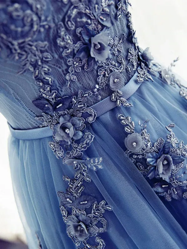 Anneprom Chic A line Scoop Beaded Long Prom Dress Tulle Applique Evening Party Dress APP0538