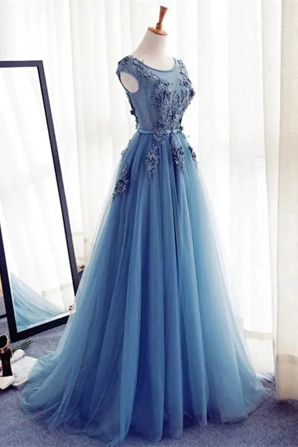 Anneprom Chic A line Scoop Beaded Long Prom Dress Tulle Applique Evening Party Dress APP0538