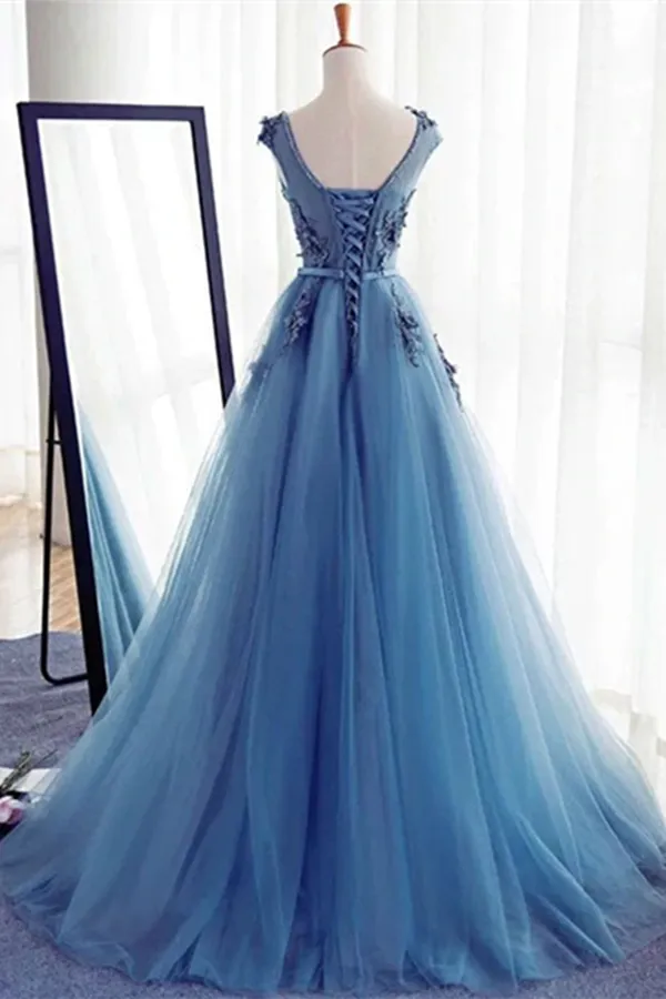 Anneprom Chic A line Scoop Beaded Long Prom Dress Tulle Applique Evening Party Dress APP0538