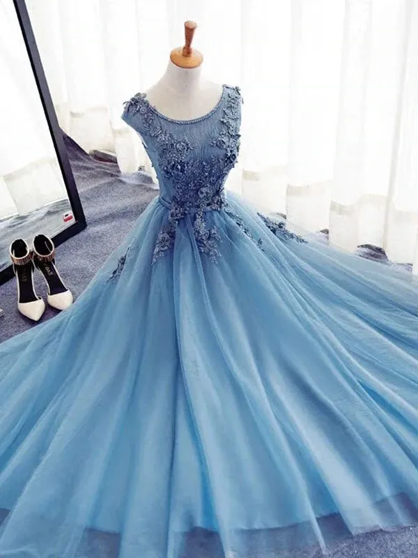 Anneprom Chic A line Scoop Beaded Long Prom Dress Tulle Applique Evening Party Dress APP0538
