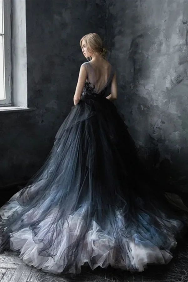 Anneprom Chic A line Scoop Black Applique Tulle Evening Dress Wedding Dress APW0382
