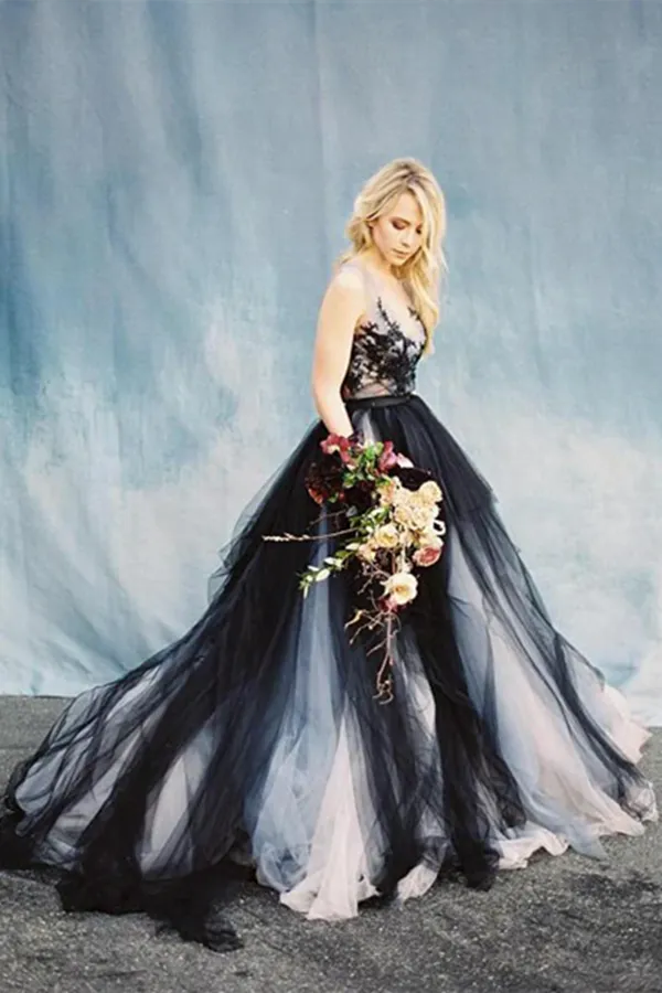 Anneprom Chic A line Scoop Black Applique Tulle Evening Dress Wedding Dress APW0382