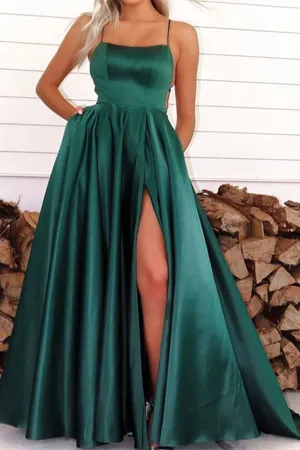 Anneprom Chic A line Spaghetti Straps Dark Green Scoop Prom Dress Satin Evening Split Dress APP0608