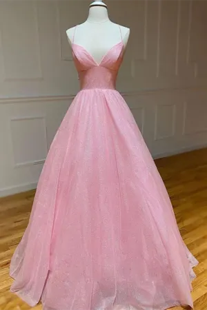 Anneprom Chic A line Spaghetti Straps Sparkly Prom Dress Tulle Evening Dress APP0511