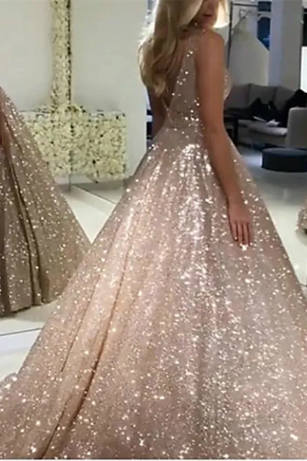 Anneprom Chic A line V neck Long Sparkly Gold Prom Dresses Evening Dress APP0574