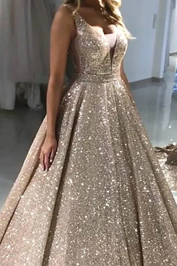 Anneprom Chic A line V neck Long Sparkly Gold Prom Dresses Evening Dress APP0574