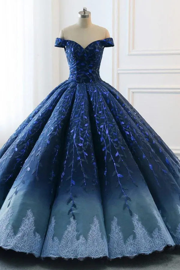 Anneprom Chic Ball Gonws Off-the-Shoulder Ombre Prom Dress Blue Shade Sequins Women Bride Gown Formal Dresses APW0283