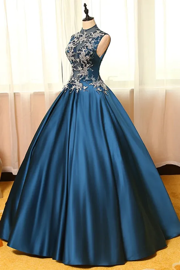Anneprom Chic Prom Dresses Appliques High Neck Ball Gown Long Prom Dress Evening Dress APP0654