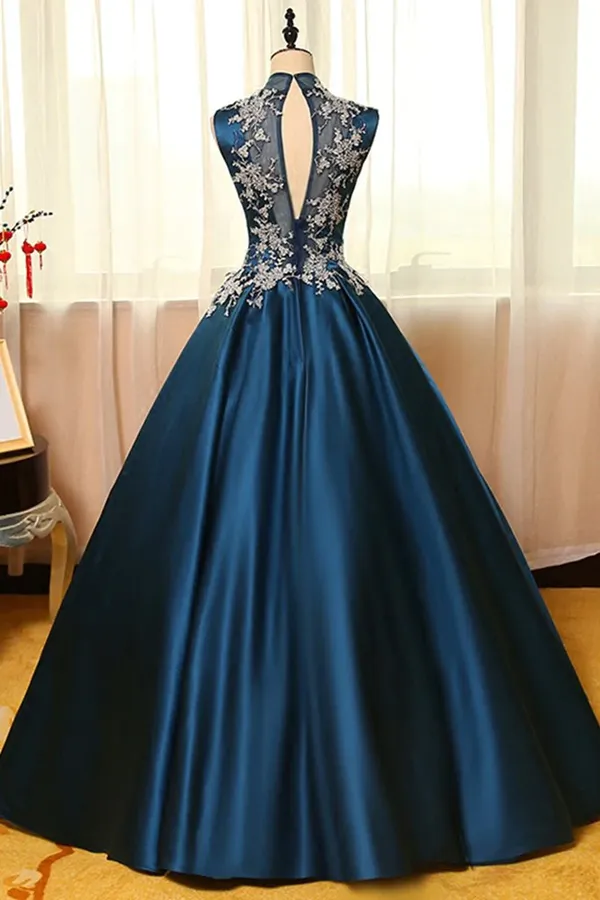 Anneprom Chic Prom Dresses Appliques High Neck Ball Gown Long Prom Dress Evening Dress APP0654