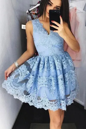 Anneprom Cute Blue Lace Short Prom Dress Blue Lace Homecoming Dress APH0004