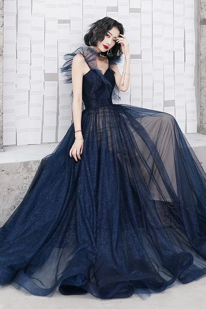 Anneprom Dark blue sweetheart tulle long prom dress blue tulle formal dress APP0478