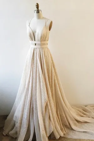 Anneprom Deep V-Neck Court Train Backless Lace Prom Dress With Sash APP0213