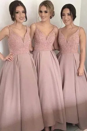 Anneprom Deep V-Neck Floor-Length Blush Satin Bridesmaid Dress With Beading APB0076