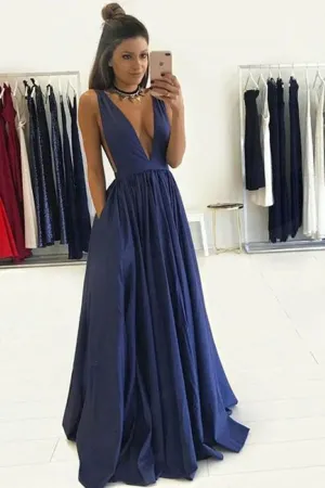 Anneprom Deep V-Neck Floor-Length Royal Blue Taffeta Prom Dress With Pockets APP0218