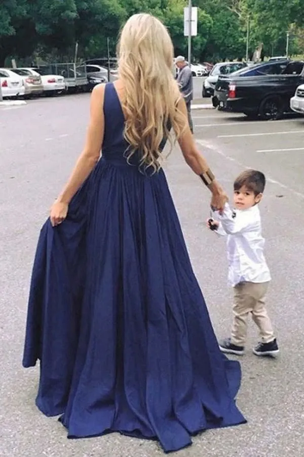 Anneprom Deep V-Neck Floor-Length Royal Blue Taffeta Prom Dress With Pockets APP0218