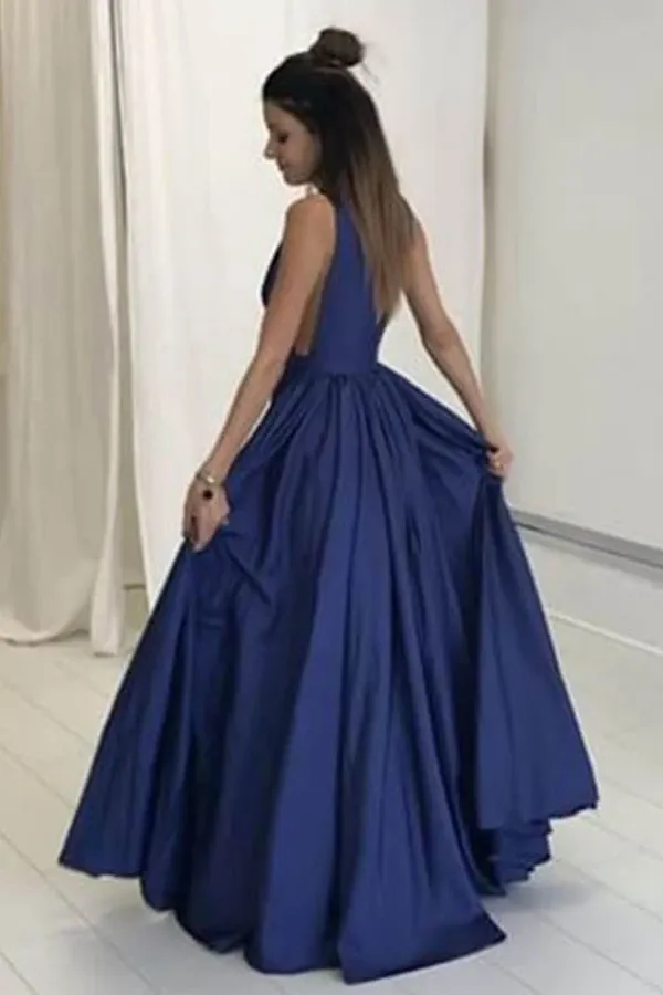 Anneprom Deep V-Neck Floor-Length Royal Blue Taffeta Prom Dress With Pockets APP0218