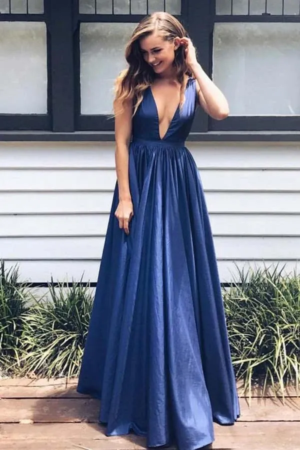 Anneprom Deep V-Neck Floor-Length Royal Blue Taffeta Prom Dress With Pockets APP0218