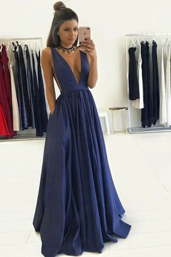 Anneprom Deep V-Neck Floor-Length Royal Blue Taffeta Prom Dress With Pockets APP0218