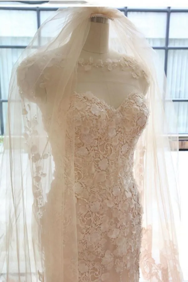 Anneprom Designer Open Back Sheer Flowers Long Sleeve Mermaid Wedding Dress APW0103