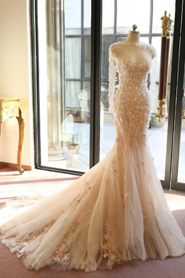 Anneprom Designer Open Back Sheer Flowers Long Sleeve Mermaid Wedding Dress APW0103