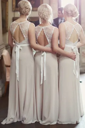 Anneprom Elegant Long Chiffon Bridesmaid Dress Open Back Sash Lace Top APB0102