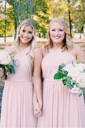 Anneprom Elegant Long Chiffon Pink Bridesmaid Dress With Sash APB0103