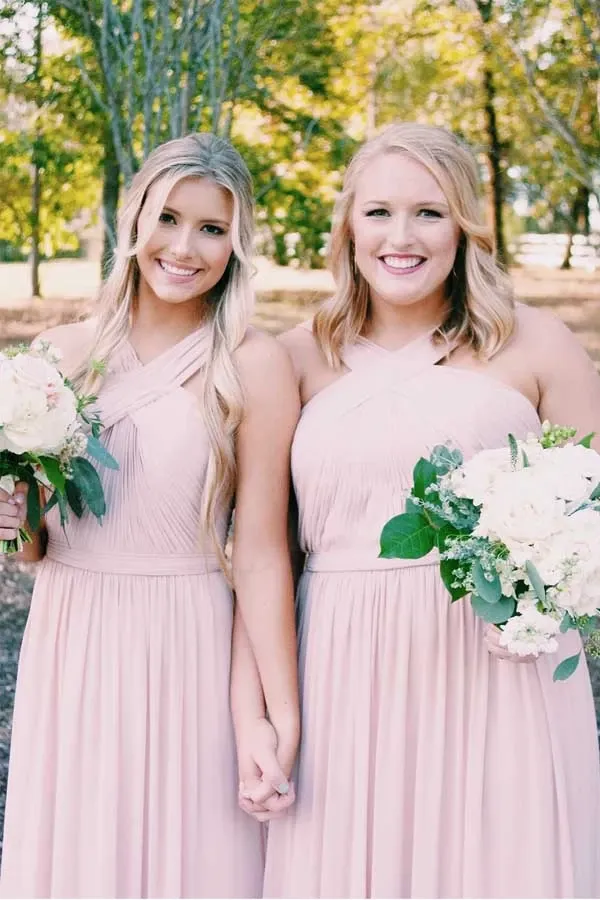Anneprom Elegant Long Chiffon Pink Bridesmaid Dress With Sash APB0103