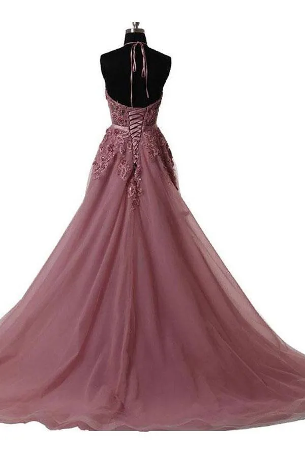 Anneprom Halter Blush Train Simple Prom/Evening Dress With Lace Applique APP0284
