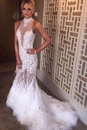 Anneprom Halter Neck Feather Mermaid Appliques Prom Dress With Court Train APP0111
