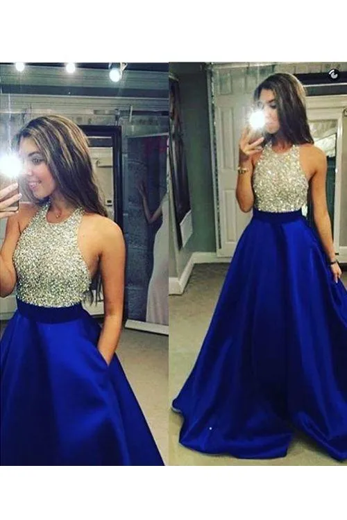 Anneprom High Neck Royal Blue Long Prom Dresses,Bodice Beads Evening Prom Dress Ball Gown APP0470