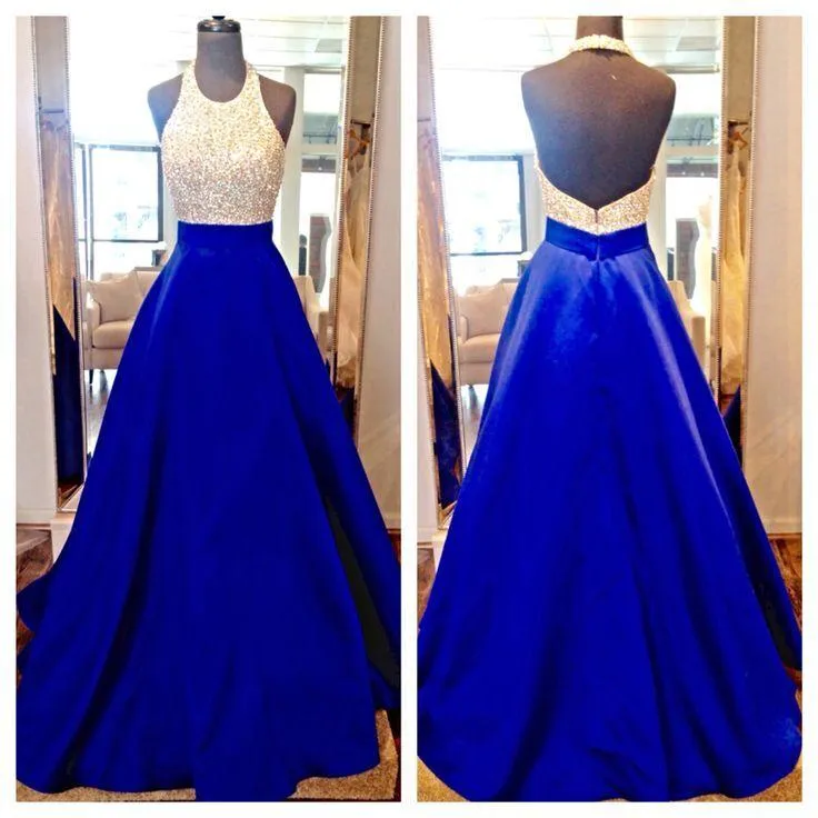 Anneprom High Neck Royal Blue Long Prom Dresses,Bodice Beads Evening Prom Dress Ball Gown APP0470