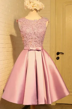 Anneprom Homecoming Dress Appliques Bowknot Satin Short Prom Dress Party Dress APH0173
