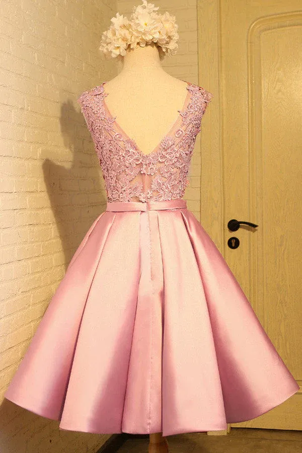Anneprom Homecoming Dress Appliques Bowknot Satin Short Prom Dress Party Dress APH0173
