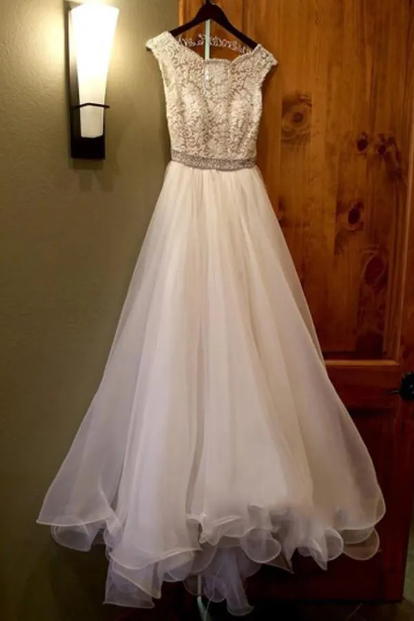 Anneprom Jewel Neck A-Line Beading Organza Long Wedding Dress APW0096