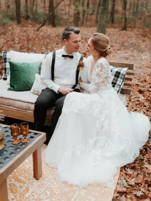Anneprom Long Sleeve V neck Lace Tulle Boho Wedding Gowns Rustic Bridal Dress APW0299