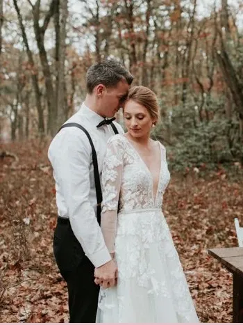 Anneprom Long Sleeve V neck Lace Tulle Boho Wedding Gowns Rustic Bridal Dress APW0299